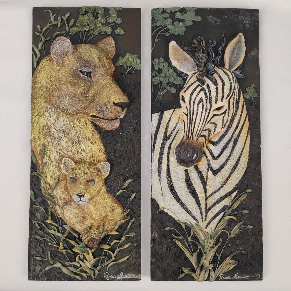 Ruane Manning 2pc Painted 3D Wildlife Resin Plaques Lion & Zebra Safari African